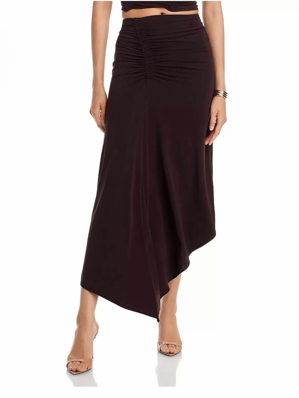 A.L.C. Adeline Ruched Asymmetrical Midi Skirt in Brown